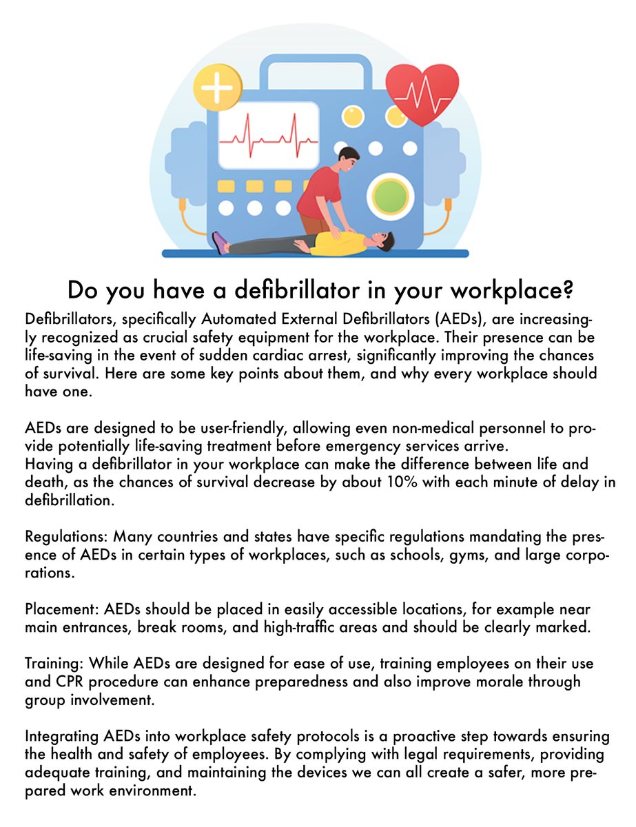 Defibrillators are a crucial piece of safety equipment for the workplace. Their presence can be life-saving in the event of sudden cardiac arrest, significantly improving the chances of survival. Here are some key points about them, and why every workplace should have one.