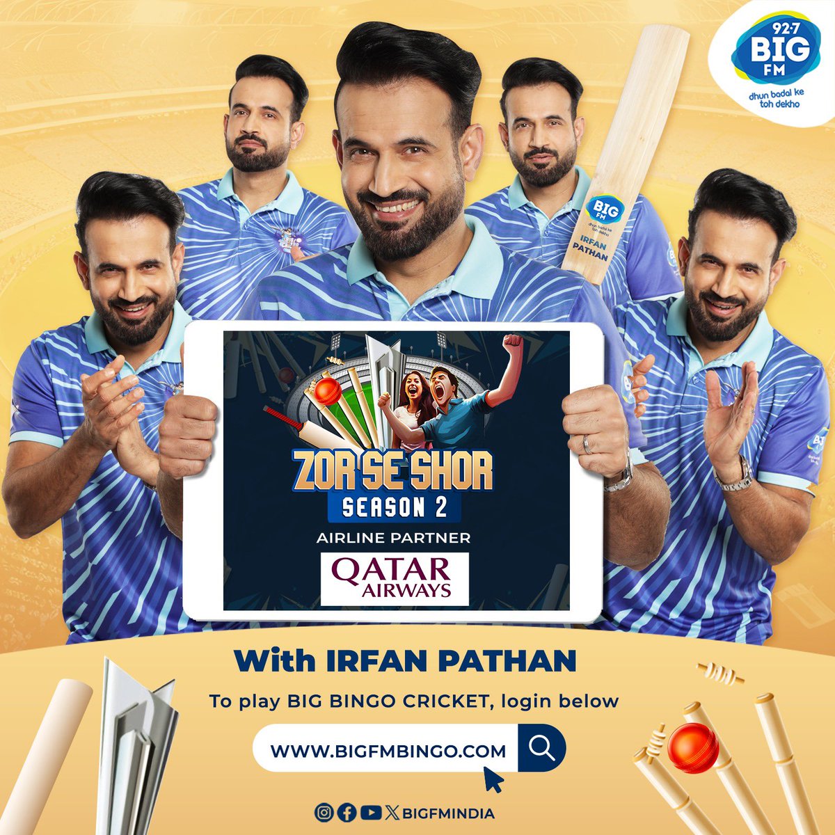 Ab @IrfanPathan ke saath India bhi karega Zor Se Shor 🥳📢 

Get ready to let your cheer for Team India roar, with Zor Se Shor Season 2 😎 

Register and log-on to bigfmbingo.com to start playing NOW 🏏🥳

Airline Partner: @qatarairways

#BIGFM #DhunBadalKeTohDekho