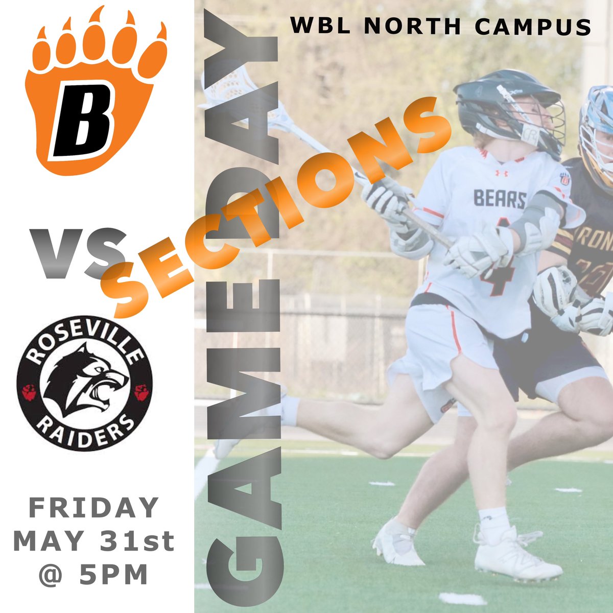 LET’S GET HYPED!!!!  FIRST SECTION GAME FOR THE LAX BOYS TONIGHT!  Come cheer on the Bears tonight as they take down the Raiders! WBL NORTH CAMPUS @ 5PM!