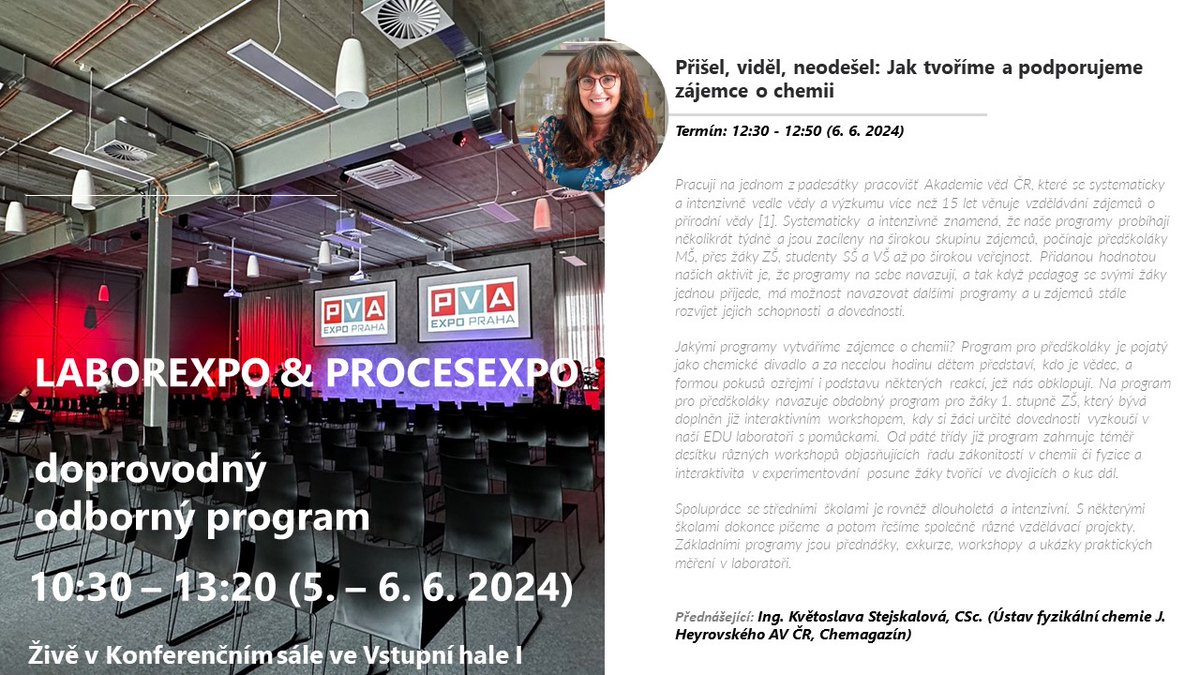GcmsLab's tweet photo. Zveme Vás na přednášku Ing. Květoslavy Stejskalové, CSc. (@JHINST_Prague &amp; @Akademie_ved_CR ) s názvem Přišel, viděl, neodešel: Jak tvoříme a podporujeme zájemce o chemii

Termín: Středa 6. 6. v čase 12:30 - 12:50 hod.

#chemie #laborator #veda #vyzkum
👉 https://t.co/nrOmmx3PGy https://t.co/9FKRmFpK7P