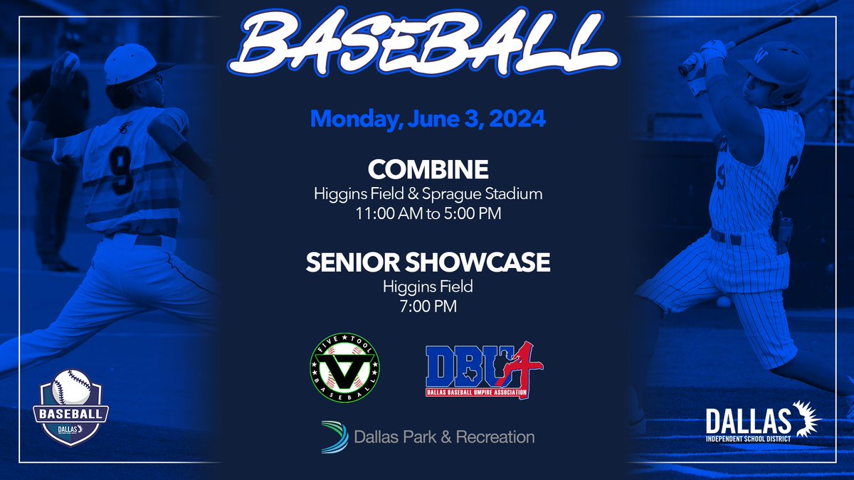 dallasathletics's tweet image. The Dallas ISD Baseball Combine and Showcase is Monday. The combine (for the district's 9th-12th grade baseball players) is from 11 AM to 5 PM at Higgins Field and Sprague Stadium. First pitch of the Senior Showcase is at 7 PM at Higgins Field. #NextLevelReady