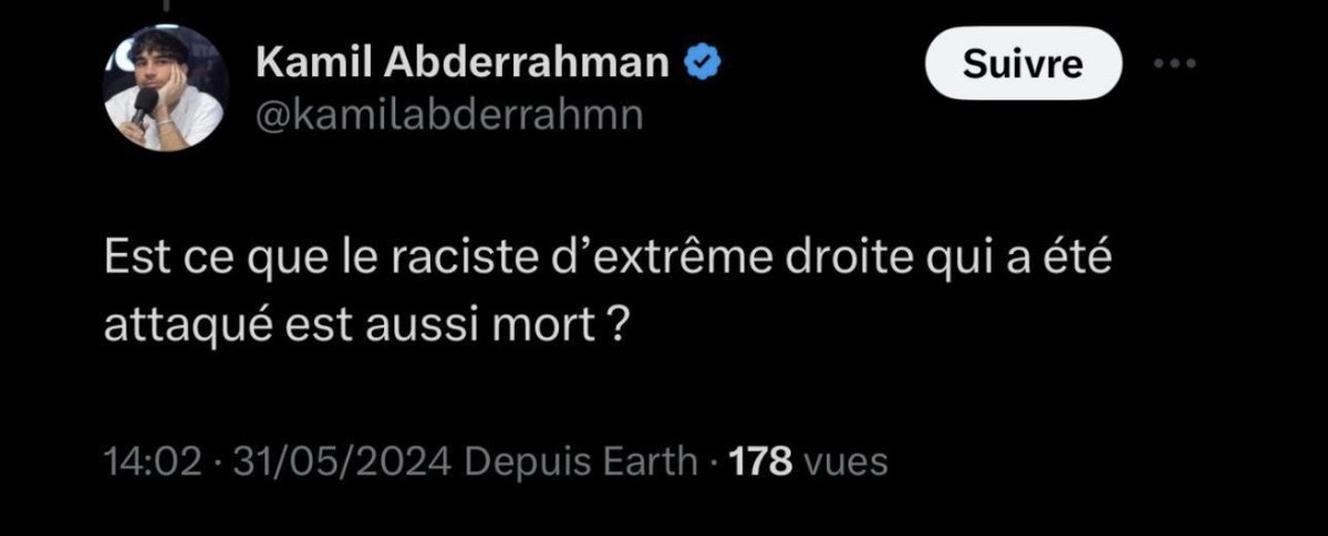 Voici le tweet (supprimé depuis) du « journaliste » d’ultra gauche Kamil Abderrahman souhaitant la mort d’un militant patriote allemand. C’est un proche de Nassira El Moaddem et autres Rima Hassan. Hier, ils voulaient renverser TF1. Où sont les sociétés de journalistes ?