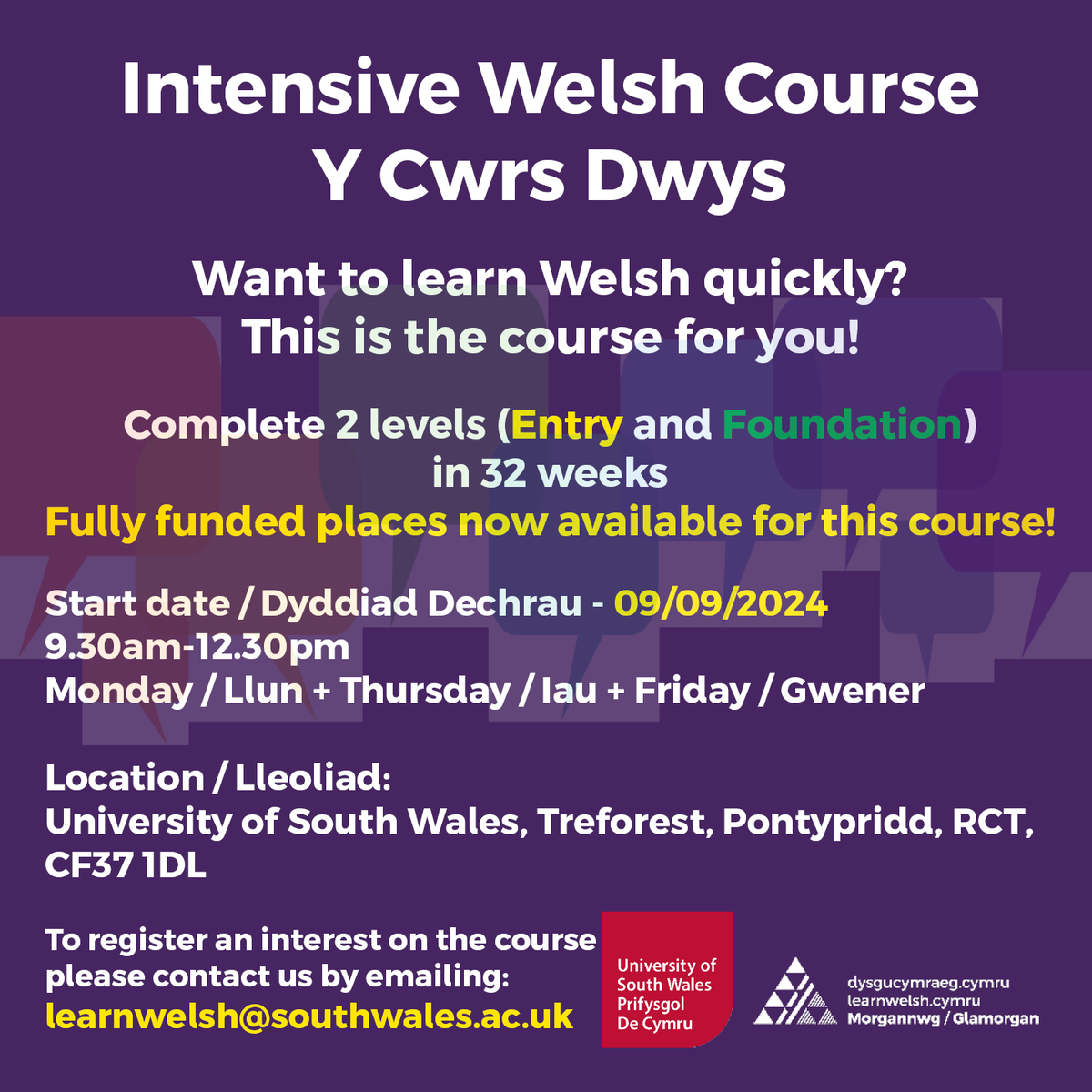 Mae cyrsiau newydd yn dechrau ym mis Medi😊Mae cyrsiau wyneb yn wyneb a rhai mewn dosbarthiadau rhithiol ar gael ⬇️
 Defnyddiwch y côd disgownt 50% - WELSH24 - i dalu £50 am gwrs blwyddyn. Cyrisau AM DDIM ar gyfer oedlion 18-25 a'r Gweithlu Addysg🙌
 dysgucymraeg.cymru/mg