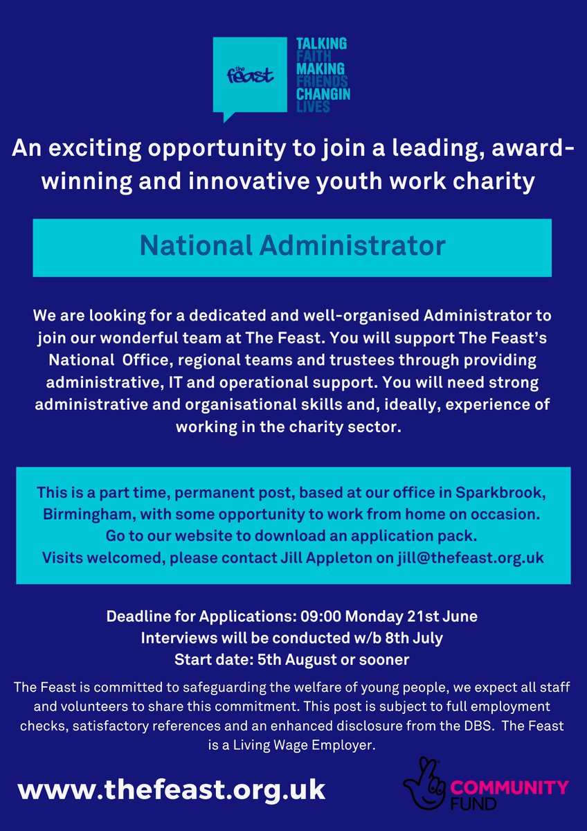 Come and join The Feast! We are looking for a part time National Administrator, based in our Birmingham office. Great opportunity to join an amazing team during our 15th anniversary year. See below or visit the Contact Us section of our website for more details.