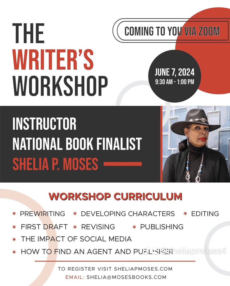 We have 9 spaces left. Visit SheliaPMoses.com to register for my workshop for writers.