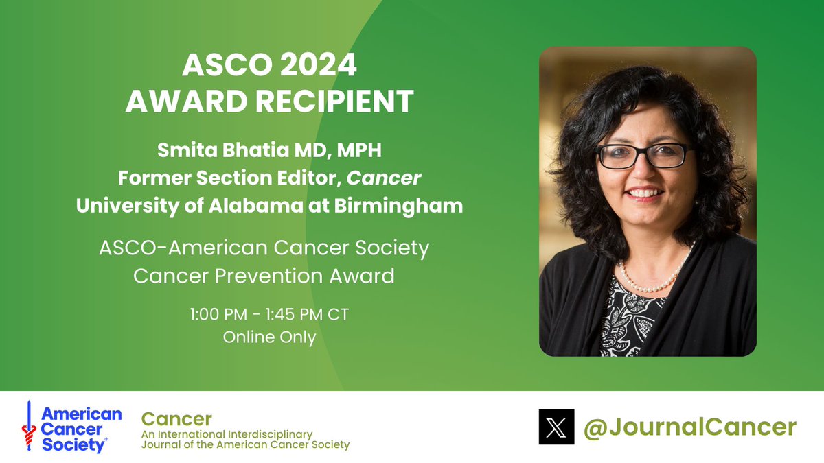 Congratulations to @SmitaBhatia10 of @ONealCancerUAB, who receives the @ASCO @AmericanCancer #CancerPrevention Award today! Dr Bhatia served as our Section Editor for Outcomes Research and Survivorship for over 13 years (2008-2021). Well deserved, Dr Bhatia! @OncoAlert #ASCO24