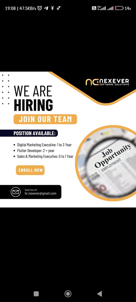 JobGenie_'s tweet photo. Roles :- 

Flutter Developer (2-4 yr)
Sales &amp; Marketing Executive (0-1 yr)
Linux Administrator (1-3 yrs)
Digital Marketing Executive (1-3 yrs)

Organization - NexEver Pvt Ltd 

Location - Mohali 

Send your Resume - hr.nexever@gmail.com

Post link - https://t.co/z05MNSzX4S https://t.co/xF699gkgGE