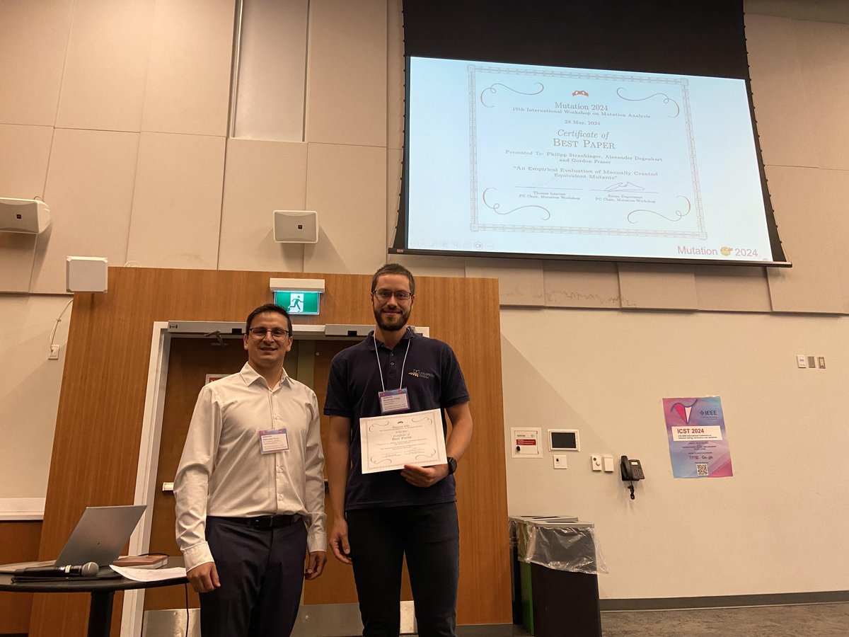 🎉and the best paper award goes to....
Philipp Straubinger, Alexander Degenhart, Gordon Fraser: "An Empirical Evaluation of Manually Created Equivalent Mutants". Congrats to the authors!!! #Mutation2024 <a href="/icstconference/">ICST</a>