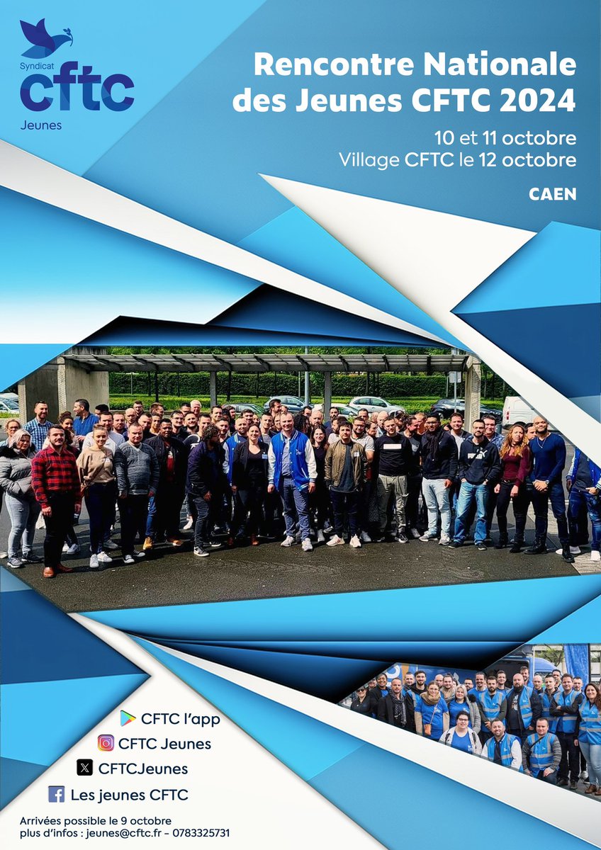 🔵La 9éme  Rencontre Nationale des Jeunes #CFTC se déroulera à #Caen les 10, 11 et 12 octobre 2024.

🔵L’occasion pour nous d’échanger, de débattre et de nous retrouver autour de l’avenir.

🔵 Pour les moins de 36 ans.

🔵🔵 POUR LES #JEUNES🔵🔵

#syndicats