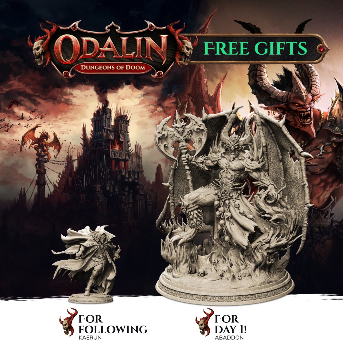 DragoriGames's tweet image. Our campaign launches on June 25th! Be sure to back the campaign on day one to receive a special gift: the huge Abaddon miniature, absolutely free!
Follow now on Gamefound to gain an exclusive FREE miniature! dragori.com/odalin
#boardgame #dnd #miniatures