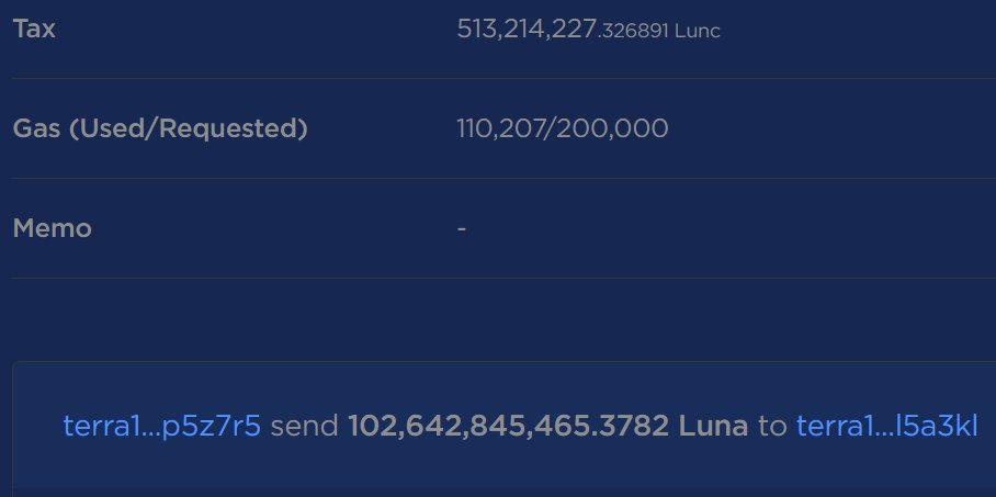 Thank you #Kraken for the large burn of over 400 million #LUNC 🔥🔥

Kraken moved 102,642,845,465 #LUNC and 61,256,850 #USTC to a new wallet yesterday. 

The total tax for the transaction was 513,214,227 #LUNC.

#LunaClassic #LuncCommunity