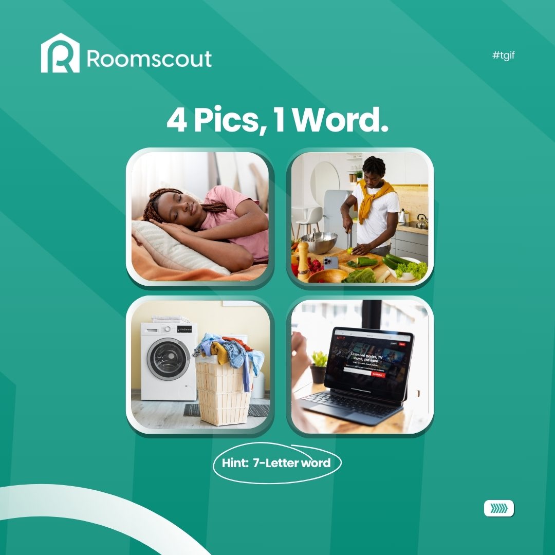 Can you guess the right word? It’s a 7 letter words. 

TGIF! 

#roomscout #tgif #4pics1word #proptech