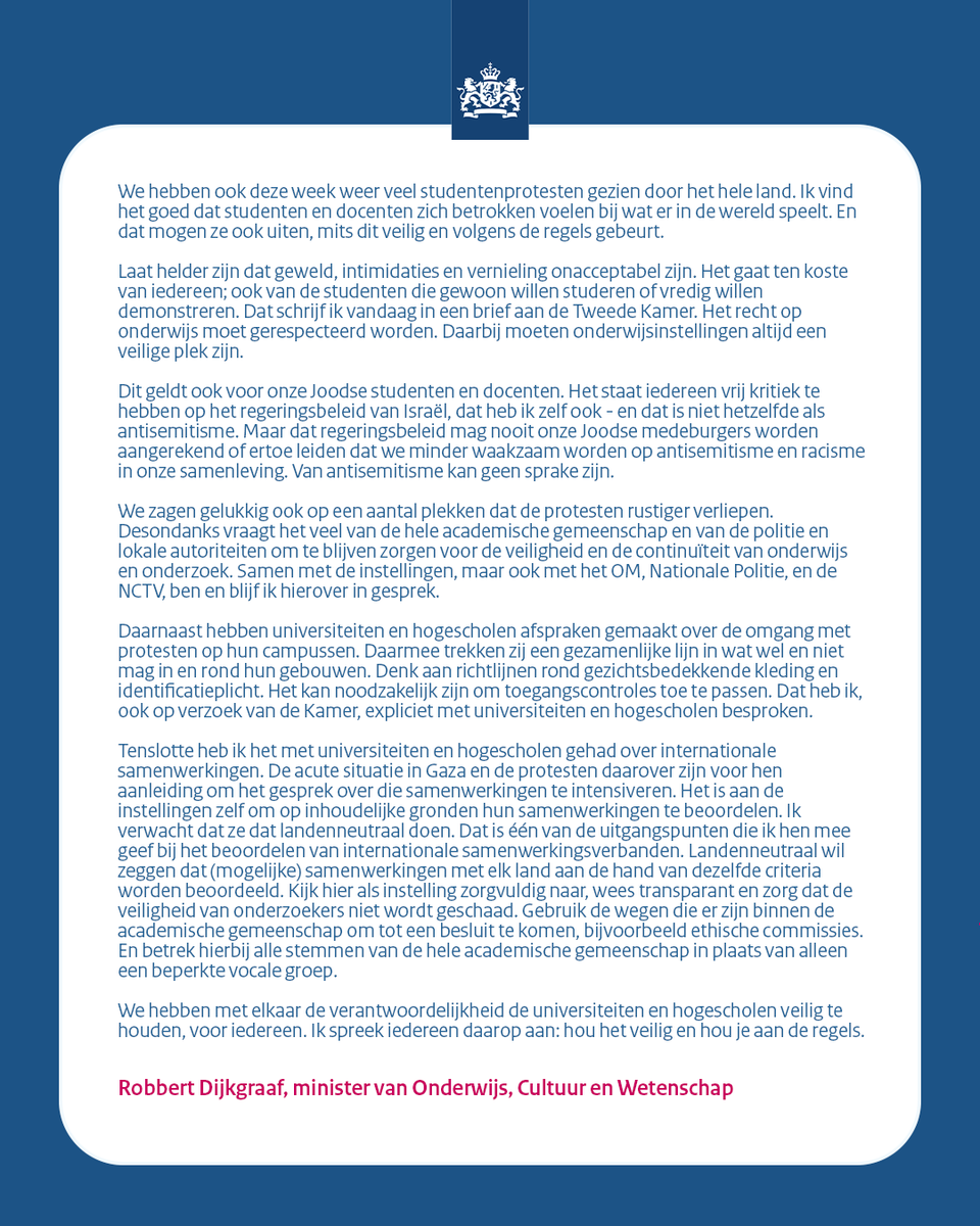 We hebben met elkaar de verantwoordelijkheid de universiteiten en hogescholen veilig te houden, voor iedereen:
rijksoverheid.nl/ministeries/mi…