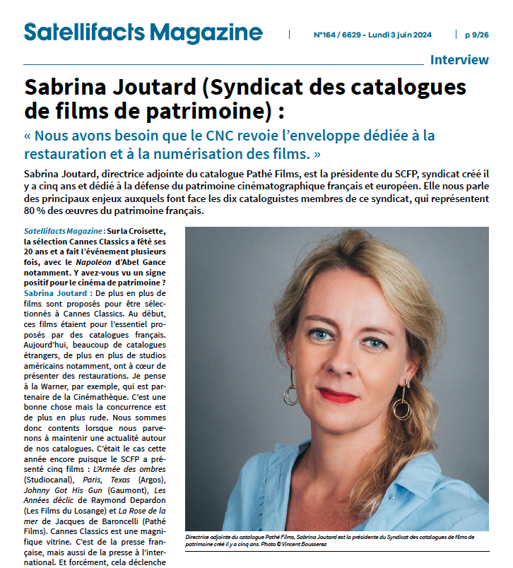 satellifax's tweet photo. Sabrina Joutard (Syndicat des catalogues de films de patrimoine) : « Nous avons besoin que @LeCNC  revoie l’enveloppe dédiée à la restauration et à la numérisation des #films »

Sabrina Joutard, directrice adjointe du catalogue @PatheFilms, est la présidente du #SCFP, #syndicat créé il y a cinq ans et dédié à la défense du #patrimoine cinématographique français et européen. Elle nous parle des principaux #enjeux auxquels font face les dix cataloguistes membres de ce syndicat, qui représentent 80 % des oeuvres du patrimoine français.

#interview #cinéma

Article réservé aux abonnés : https://t.co/eTcAa6D3vx