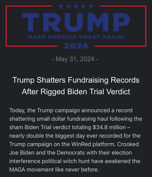 BREAKING REPORT: ⚠️ President Trump CRUSHES FUNDRAISING records, hauls in a whopping 34.8 MILLION dollars after conviction..