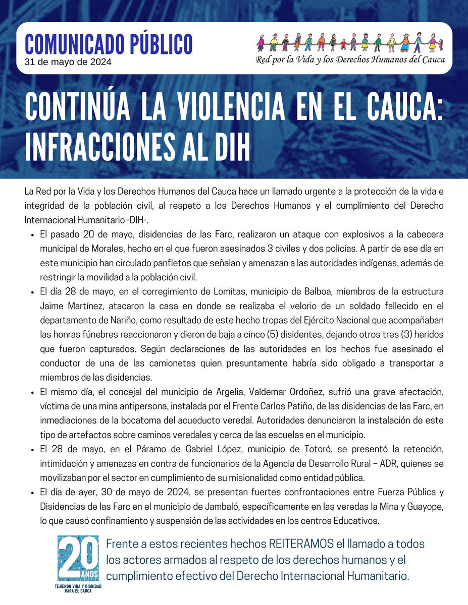 👉#ComunicadoPúblico | CONTINUA LA VIOLENCIA EN EL CAUCA: INFRACCIONES AL DIH
Desde @RedVidaDHCauca hacemos un llamado urgente a la protección de la Vida e integridad de las comunidades. A los armados llamamos al respeto a los #DerechosHumanos y el cumplimiento efectivo del #DIH.