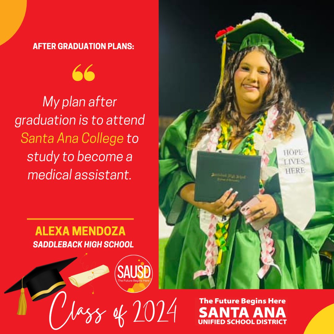 🎓 Today’s featured graduate is Alexa Mendoza from Saddleback High School, who will be attending Santa Ana College. Best wishes, Alexa! 🎉 Seniors, share your post-graduation plans with us: bit.ly/44ElY1F #WeAreSAUSD #SAUSDGraduateProfile #SAUSDClassof2024