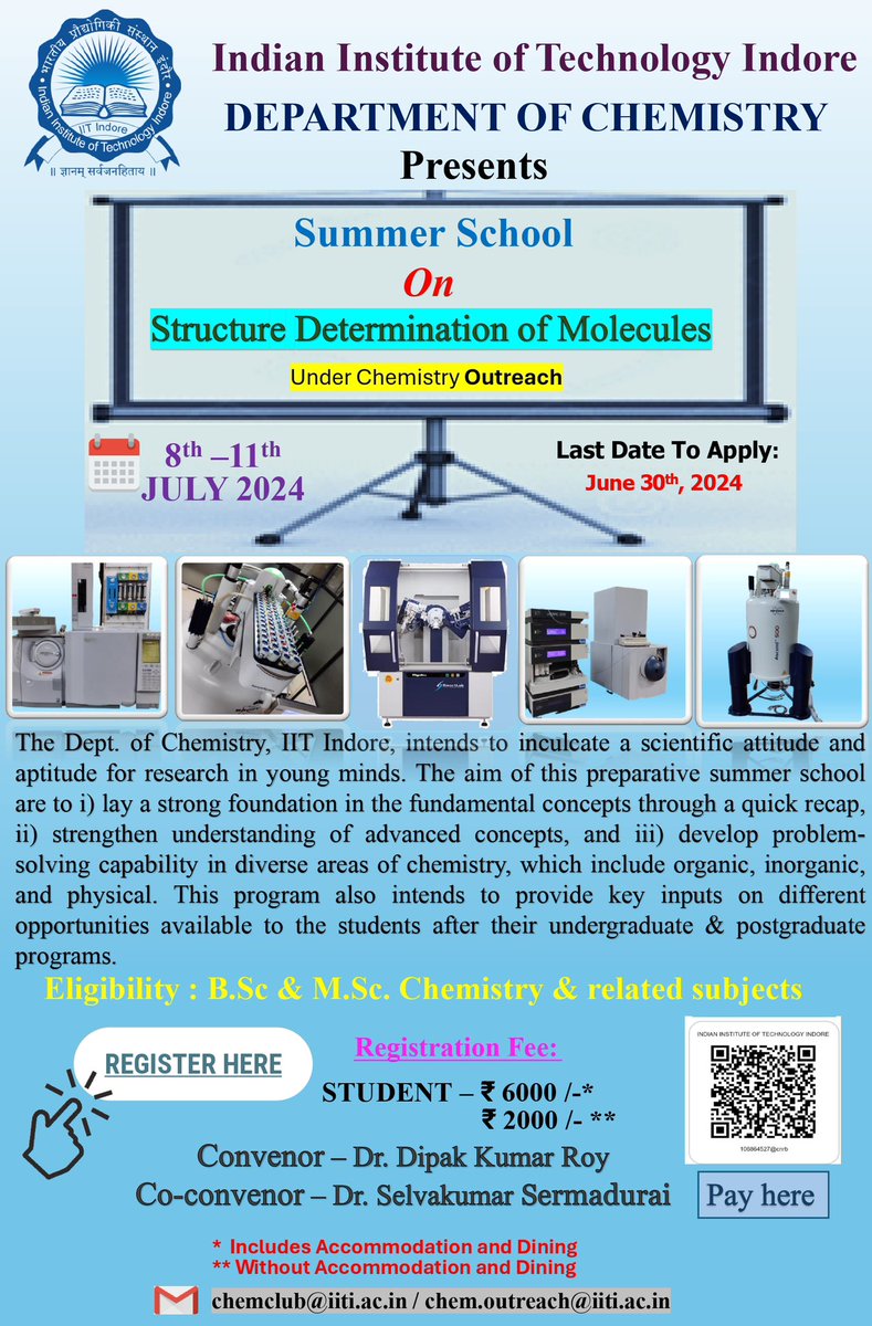 Department of Chemistry, IIT Indore (@chemistryiiti) on Twitter photo Aim of the preparative summer school are to
iii) Develop problem-solving capability in diverse areas of organic, inorganic,and physical chemistry.
PFA link and advertisement below.
<a href="/DebayanDr/">Dr. Debayan Sarkar</a> <a href="/dipak_666/">Dipak Kumar Roy</a>
docs.google.com/forms/d/e/1FAI… Aim of the preparative summer school are to
iii) Develop problem-solving capability in diverse areas of organic, inorganic,and physical chemistry.
PFA link and advertisement below.
<a href="/DebayanDr/">Dr. Debayan Sarkar</a> <a href="/dipak_666/">Dipak Kumar Roy</a>
docs.google.com/forms/d/e/1FAI…