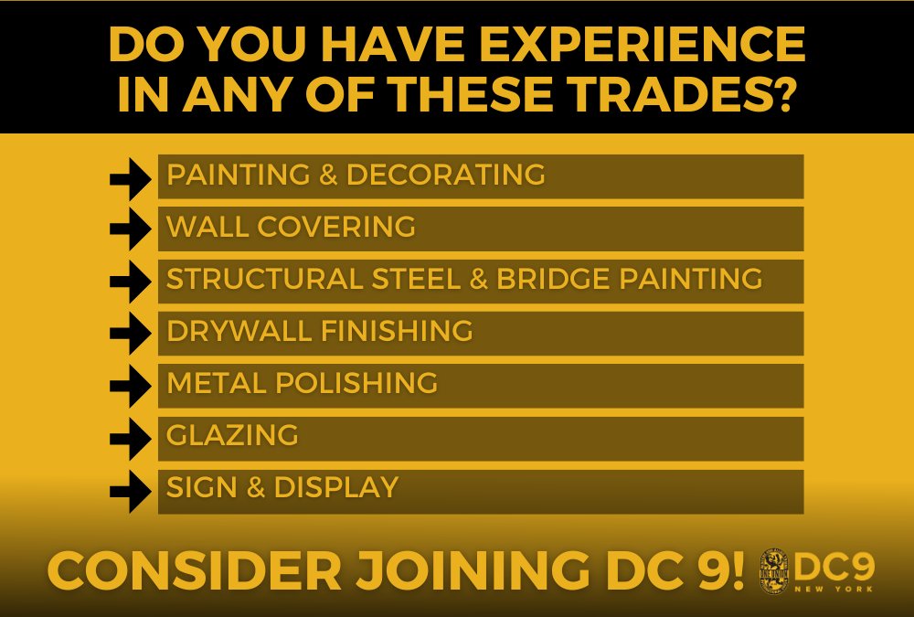 If you have prior experience in any of these trades, you should join DC 9! Our union advocates for our members so you are guaranteed better pay, safer working conditions, and more stability. Message us today for more information about joining!