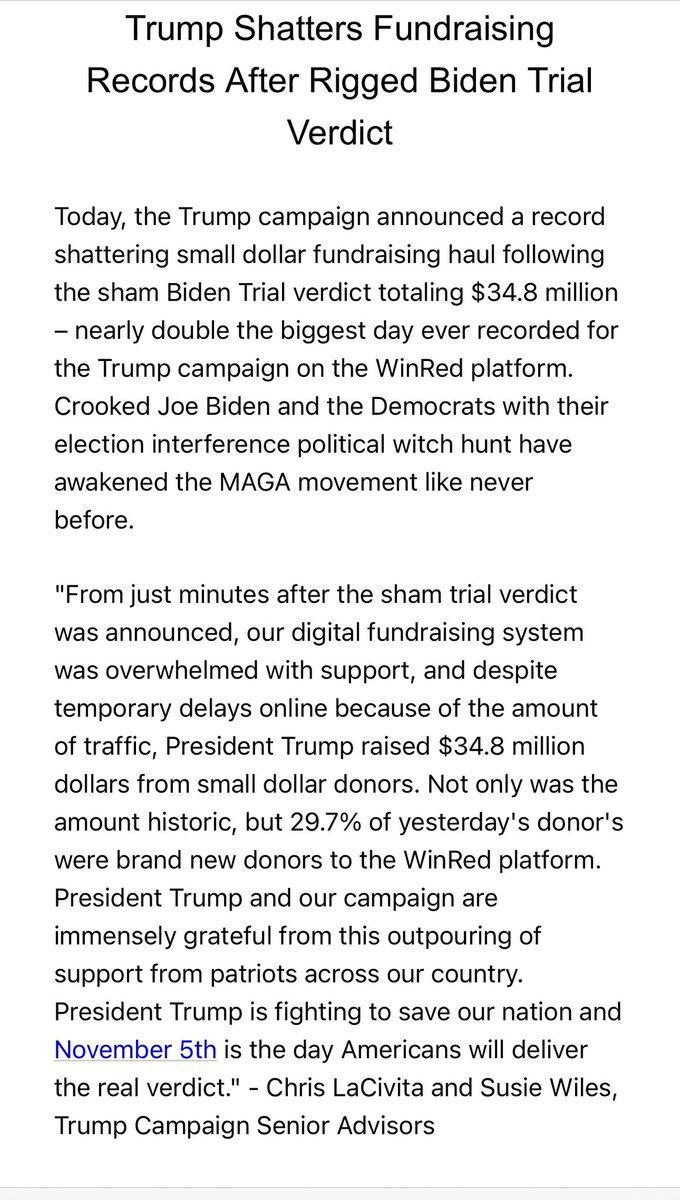 Inbox: Trump team says they’ve raised $34.8 million since the guilty verdict.