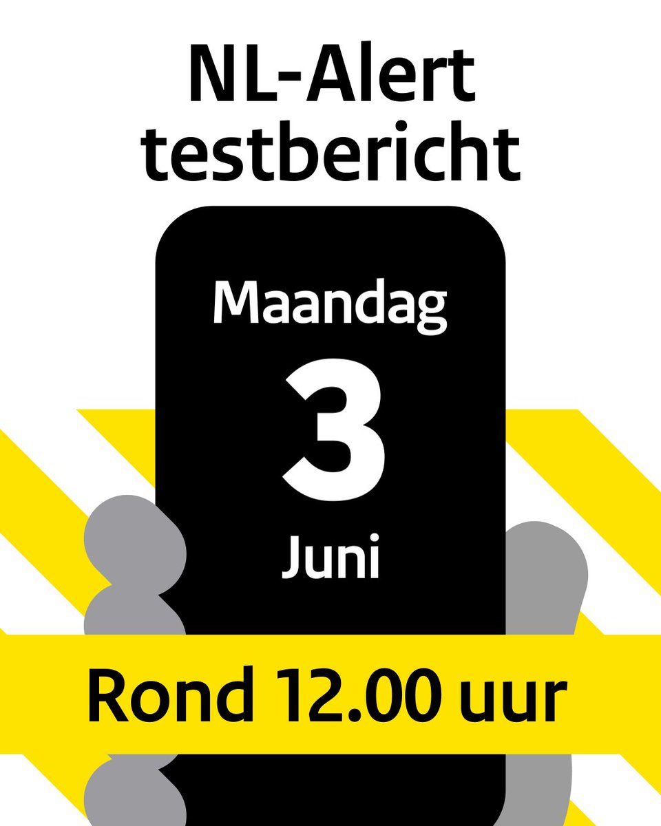 Maandag 3 juni rond 12.00 uur zendt de overheid een NLAlert testbericht uit in heel Nederland. Het NL-Alert testbericht ontvang je op je mobiel. Zo kun jij ervaren hoe het is om een NL-Alert te ontvangen.

Meer info 👉 nl-alert.nl/testbericht