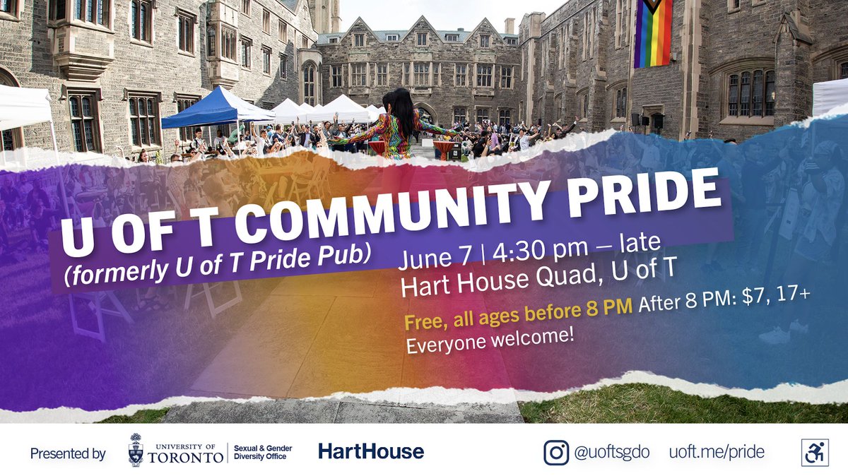 June 7 | UofT Community Pride #UofT Sexual & Gender Diversity Office & Hart House have organized the U of T Community Pride event to bring together our community in celebration of #PrideMonth. 📍 Hart House Quad ⏰ 4:30 p.m. - Late More info 💙 bit.ly/4bwrdm3