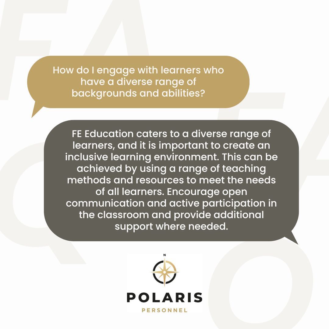 PolarisRecruit's tweet image. FAQ Friday: Engaging Diverse Learners in FE Education

As educators, we understand the importance of catering to a range of backgrounds and abilities in our classrooms. Here are some tips to create an inclusive learning environment.

#PolarisPersonnel #NavigatingYourNextMove
