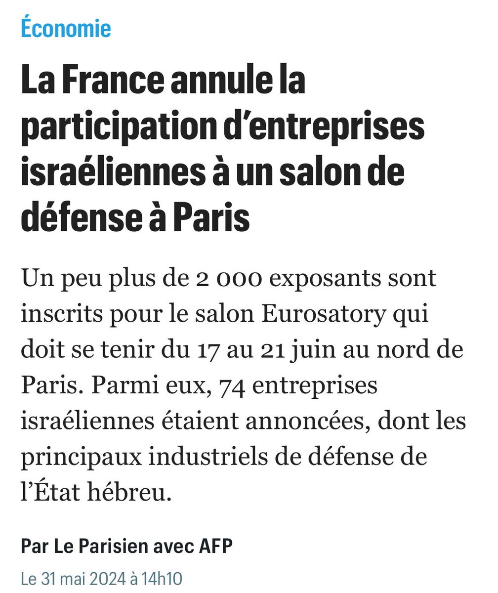 🇵🇸 Victoire Le gouvernement français a décidé d'annuler la participation des 74 entreprises israéliennes au salon Eurosatory qui se tiendra à Villepinte du 17 au 22 juin. On peut saluer la mobilisation déterminée menée par @stoparmingisr Il faut poursuivre jusqu’à la libération !