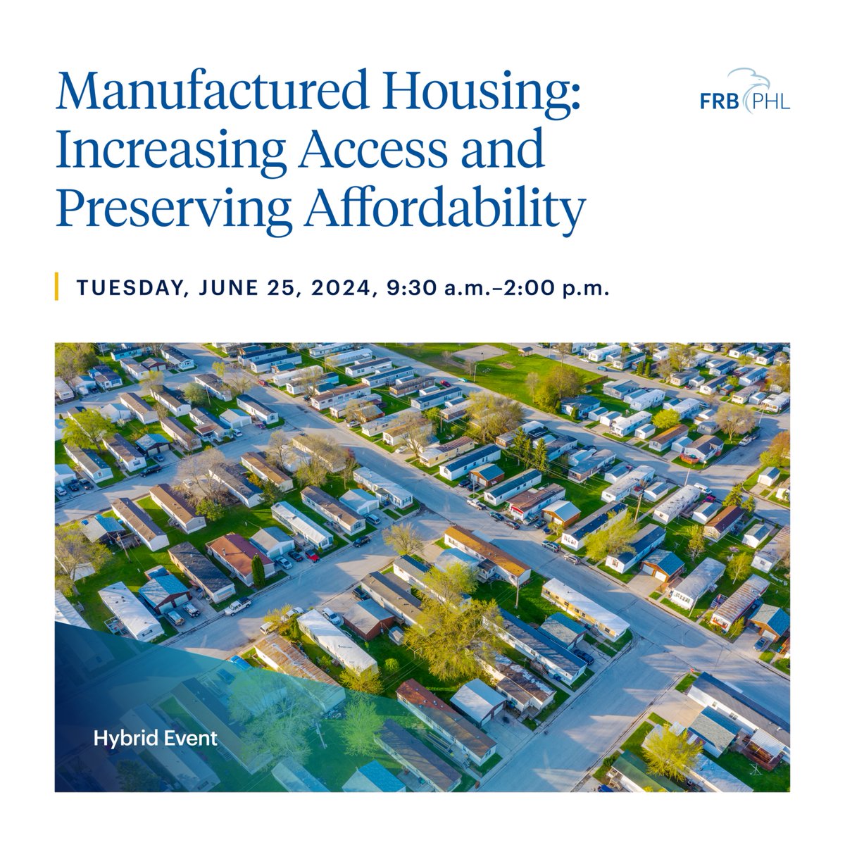 The Philadelphia Fed and @pewtrusts invite you to attend Manufactured Housing: Increasing Access and Preserving Affordability on June 25 for a conversation on affordable homeownership solutions and efforts to improve access to financing. bit.ly/4bDFiPf