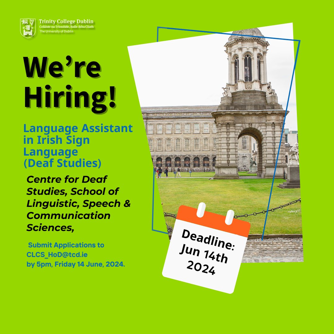 TCDSLSCS (@tcdslscs) on Twitter photo Help shape the future of #DeafStudies education!
We're hiring a Language Assistant at the Centre for Deaf Studies within the School of Linguistic, Speech & Communication Sciences at <a href="/tcddublin/">Trinity College Dublin</a>
Full job description & info at tcd.ie/slscs/assets/d…
#IrishSignLanguage Help shape the future of #DeafStudies education!
We're hiring a Language Assistant at the Centre for Deaf Studies within the School of Linguistic, Speech & Communication Sciences at <a href="/tcddublin/">Trinity College Dublin</a>
Full job description & info at tcd.ie/slscs/assets/d…
#IrishSignLanguage
