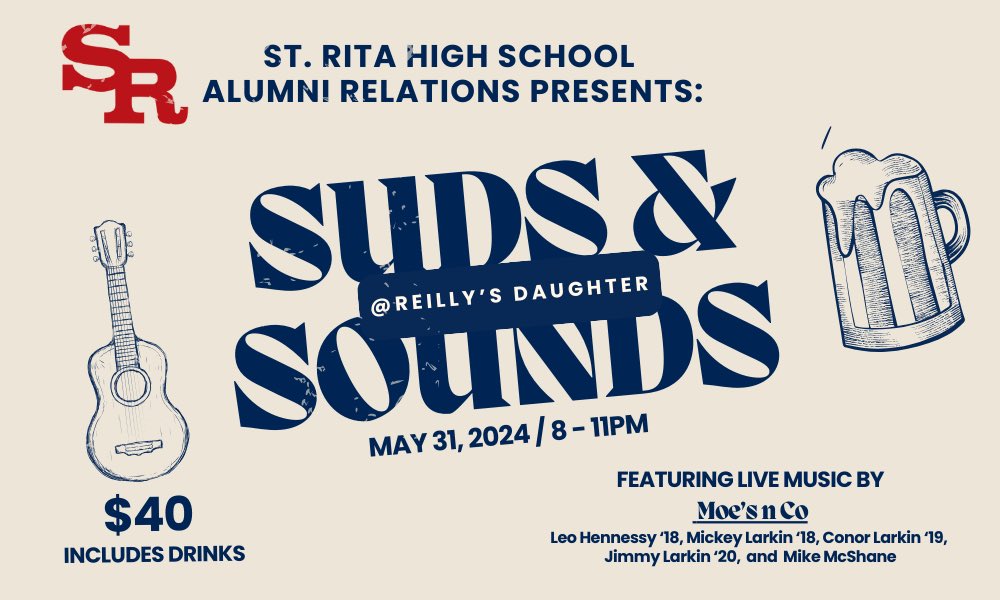 Today is the day! We hope to see everyone at Reilly's Daughter tonight at 8PM for a night of music by Moe’s N Co. This event is for 21 and older. Entry cost is $40 at the door including drinks with a percentage going to help keep St. Rita tuition as affordable as possible.