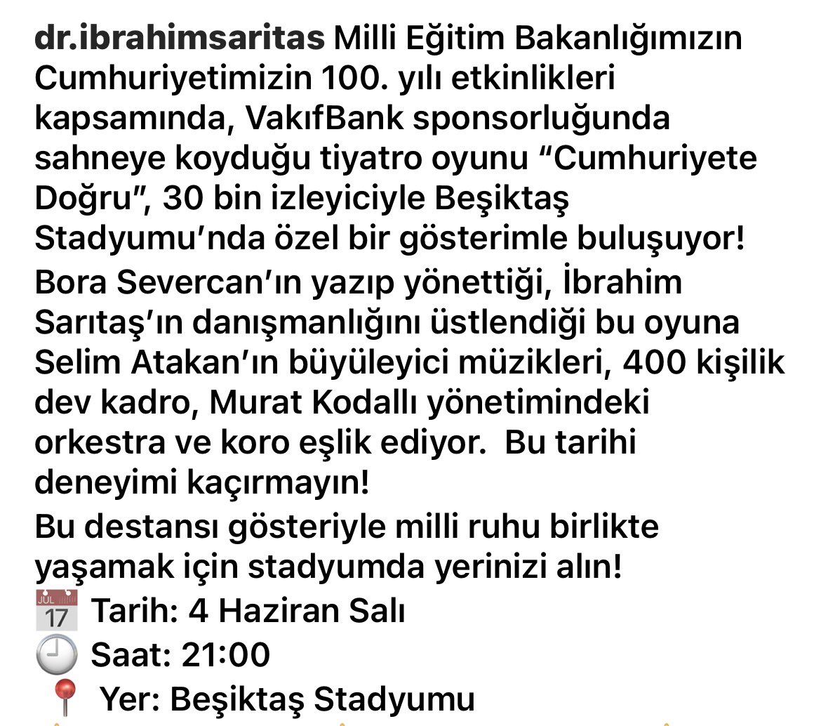 isaritas_'s tweet photo. Milli Eğitim Bakanlığımızın sahneye koyduğu tiyatro oyunu "Cumhuriyete Doğru", 30 bin izleyiciyle Beşiktaş Stadyumu'nda özel bir gösterimle buluşuyor.. @Yusuf__Tekin @omurfatih @vsevercan @ahmetyenilmez @ziyakurkut @BoraSevercan @zuhalyalcin @sefazenginsefa https://t.co/uCDPTPxFjy