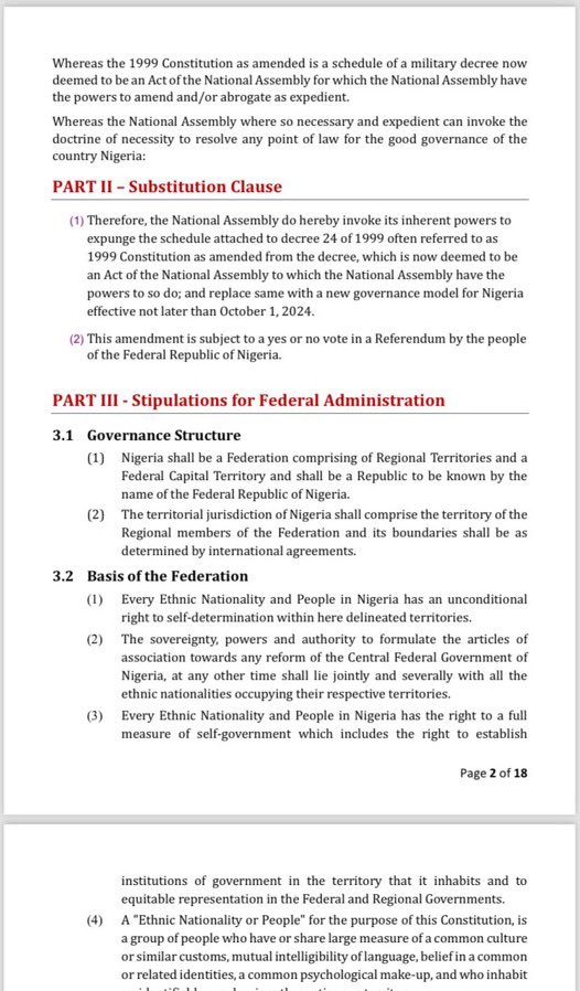 Ahhh 😯. Watch how all the 60+ citizens of Nigeria, especially confab members will be overwhelmed with joy seeing this drafted bill.😅

(1) Nigeria 🇳🇬 shall be a Federation comprising of Regional Territories and a Federal Capital Territory and shall be a Republic to be known by