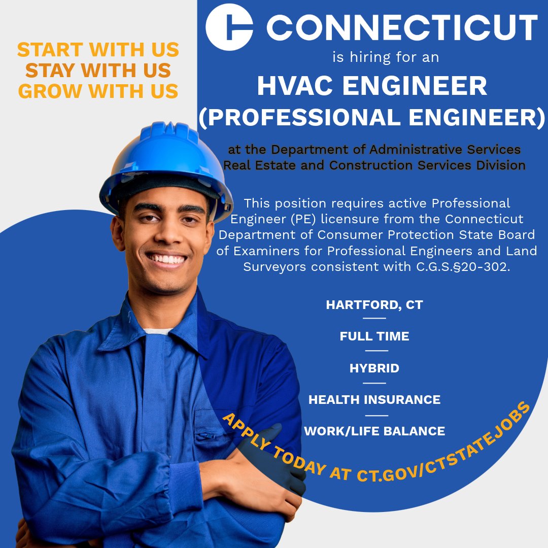 👋 @ConnDAS is excited to announce that we are seeking an HVAC Engineer (Professional Engineer) to join our Real Estate and Construction Services (RECS) division! 

To learn more about the role and to apply, please visit: jobapscloud.com/CT/sup/bulprev…

#engineeringjobs #hvacengineer