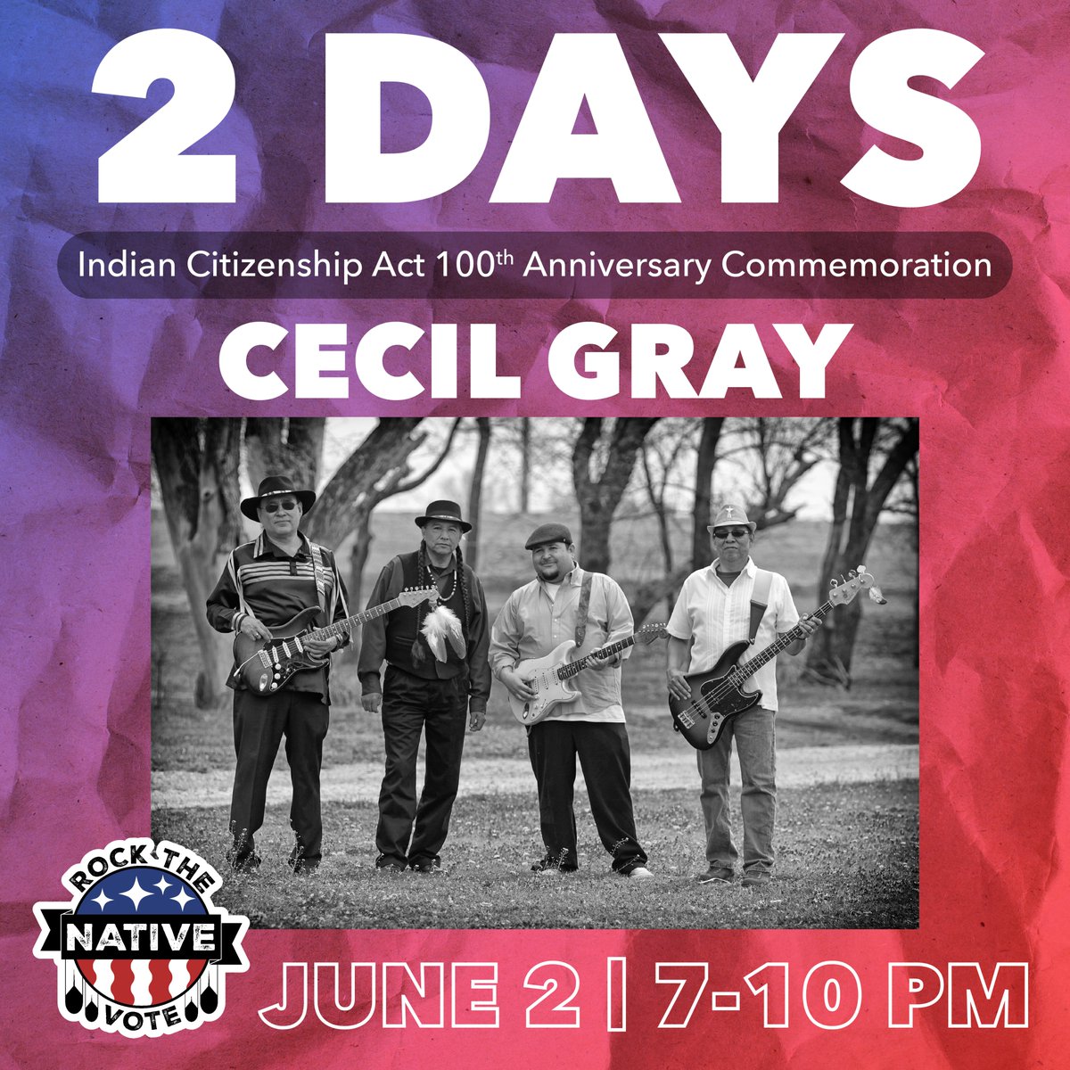 RNVOKC's tweet photo. 🎶 Just two more days until the Cecil Gray Blues Band kicks off our 100th Anniversary of the Indian Citizenship Act commemoration event! 🎉 Join us for a free concert featuring Indigenous artists, starting at 7 p.m. in the FAM courtyard. https://t.co/e2HUnANnu1. https://t.co/1g9PfRQxoN