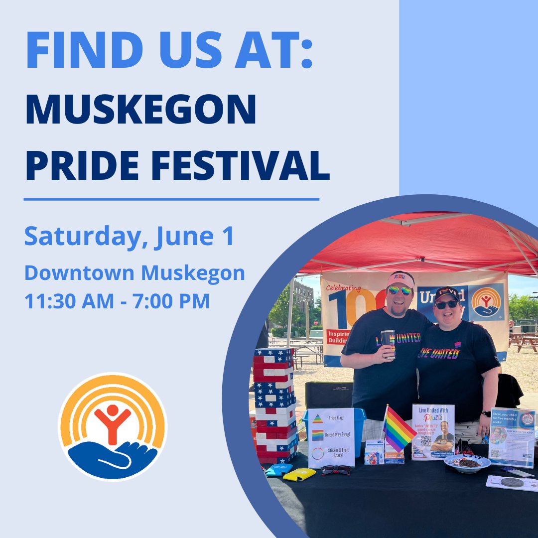 🌈 Join us at the Muskegon Pride Festival! 🌈 Come find United Way of the Lakeshore in Downtown Muskegon this Saturday, June 1st from 11:30 AM - 7 PM! Make sure to say hi & check out our resources while we celebrate our community together! 🎉💖