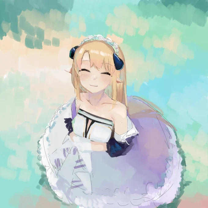 #アークナイツ版深夜の真剣お絵かき60分一本勝負満開、基地の待機モーションでにこってしてくれるのでお気に入りのコーデです 