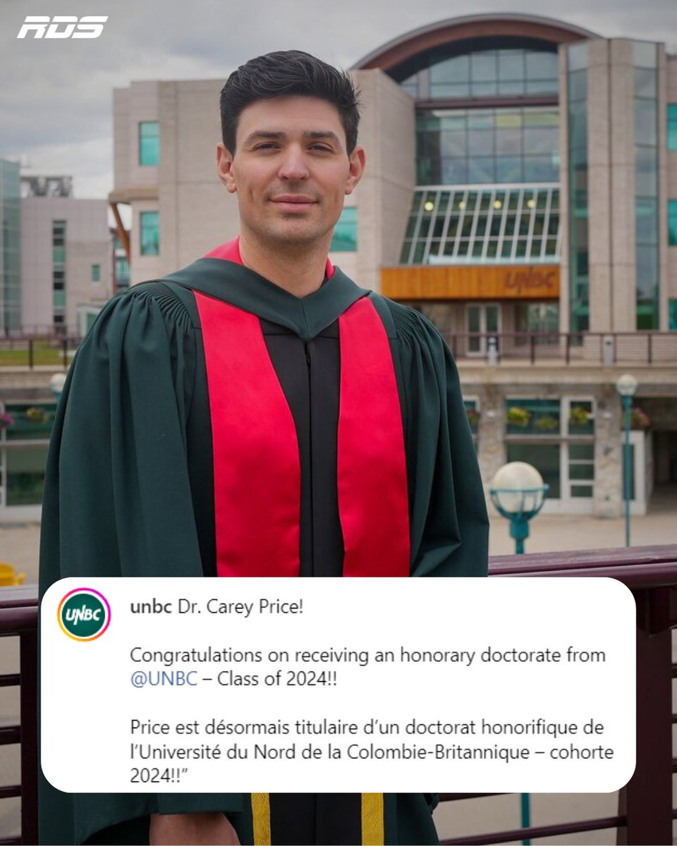Carey Price est officiellement titulaire d'un doctorat honorifique de l'Université du Nord de la Colombie-Britannique!👏

*Soulignons l'UNBC qui a écrit une partie de la description de leur publication Instagram en français!🙌

(via @unbc/IG)