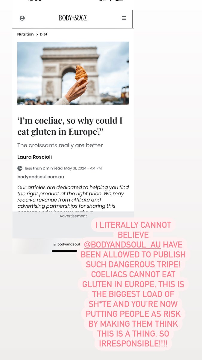 Seriously <a href="/bodyandsoul_au/">Body+Soul</a> publishing this untrue sh*te is SO irresponsible. GLUTEN IS GLUTEN. Coeliacs cannot eat gluten in Europe. Don't you think we'd all just move to Italy otherwise!? Honestly this is putting people in danger and such a BAD show. <a href="/CoeliacAust/">Coeliac Australia</a> #coeliac