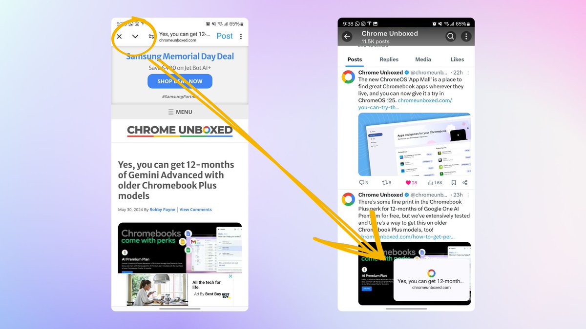 If you use apps like Google Discover, Google News, Twitter/X or other information feeds, the new Minimized Chrome Custom Tabs are an awesome addition to the browsing experience. chromeunboxed.com/chromes-new-mi…