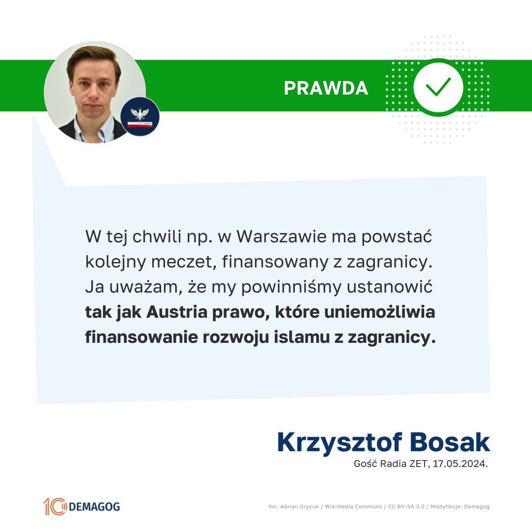 🇦🇹 Zgodnie z austriackim #Islamgesetz fundusze niezbędne do prowadzenia działalności islamskich wspólnot wyznaniowych mogą być pozyskiwane wyłącznie na terenie kraju. 

🗣️ Wypowiedź <a href="/krzysztofbosak/">Krzysztof Bosak 🇵🇱</a> to ✅ #prawda. 

🔎 Analiza: bit.ly/BosakPrawda

#10LatDemagoga