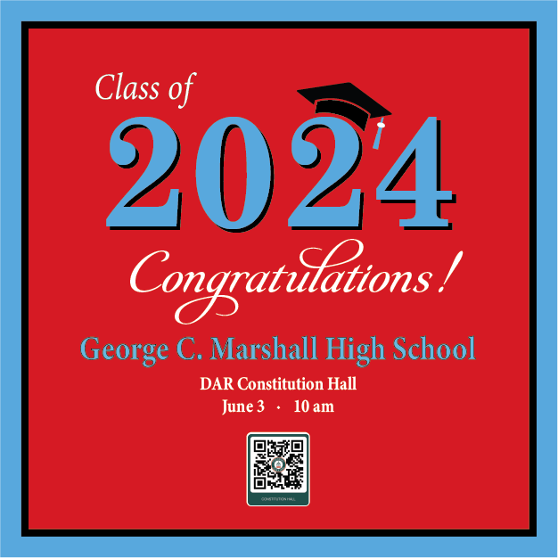 Congratulations George C. Marshall High School Grads! Reserve a spot within walking distance of DAR Constitution Hall using the convenient qr code or at ecolonial. #FCPS #FairfaxCountyPublicSchools #OurFCPS #marshallpride #DARConstitutionHall #colonialparking