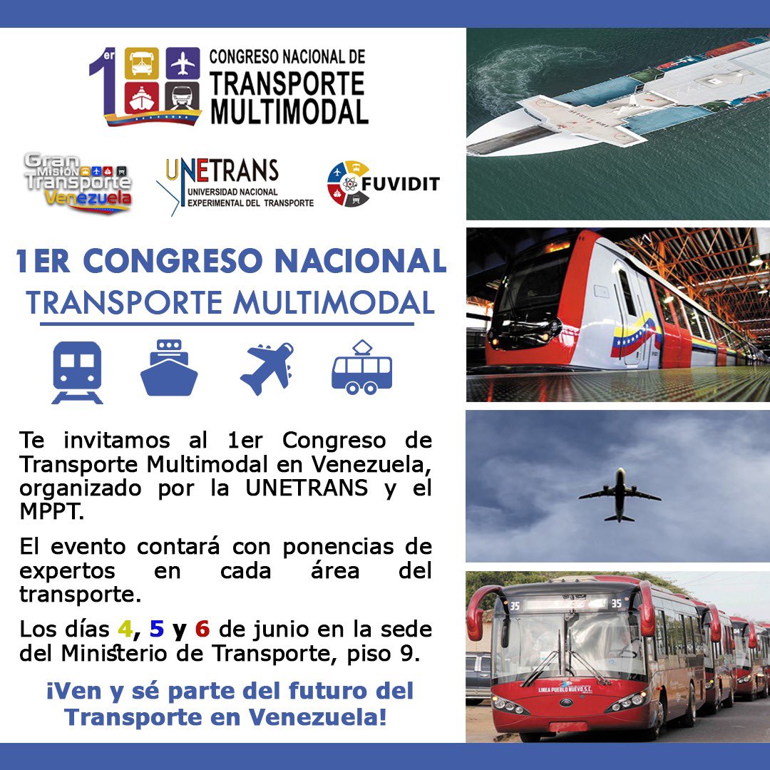 UnetransOficial's tweet photo. #31may UNETRANS y @transportegobve te invitan al 1er Congreso Nacional de Transporte Multimodal. 
Del 4 al 6 de junio en MPPT. 📆
Prepárate para sumergirte en el mundo del transporte con destacados especialistas 🚇✈️🚍⛴️
¡Sé parte de la transformación del transporte en el país!🇻🇪 https://t.co/dfpCbu8pUQ