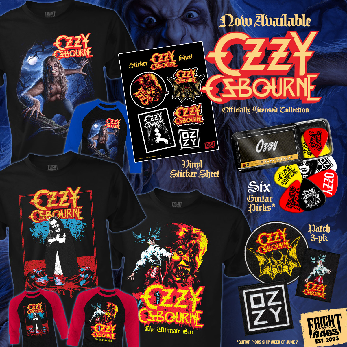 🦇 Officially licensed OZZY OSBOURNE gear is now available! New shirts, patch set, vinyl sticker sheet & exclusive guitar pick set w/ collector tin! (Note: Pick set ships week of June 07). Grab 'em now! 👉 Shop: bit.ly/4e0KkXw
