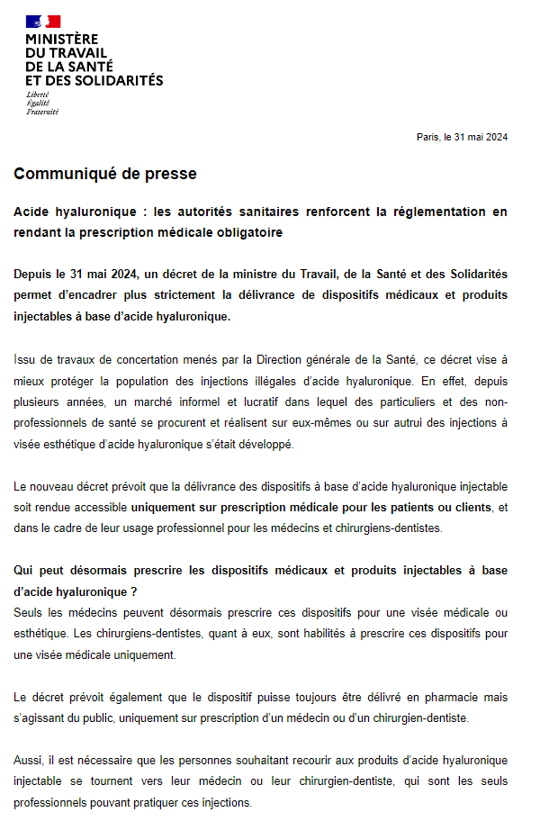 Une ordonnance médicale est désormais obligatoire pour obtenir des dispositifs médicaux et produits injectables à base d’acide hyaluronique injectable, afin de "mieux protéger la population des injections illégales".