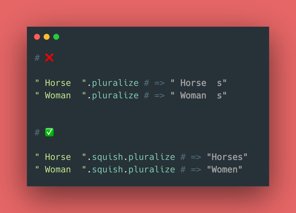 RubyCademy's tweet image. ✨ RAILS TIPS ✨
Make sure to remove trailing whitespaces before calling the pluralize method 😬
#rails7 #rubyonrails