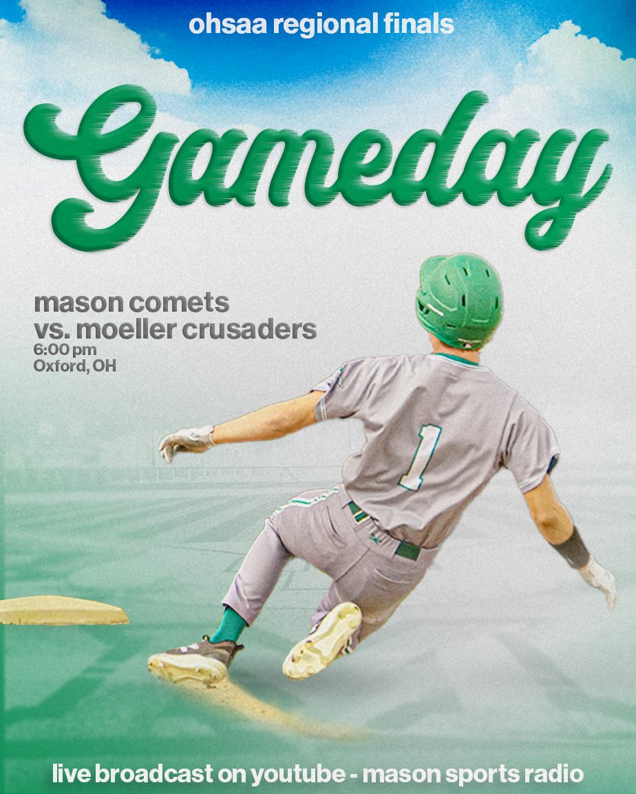 🚨GAMEDAY🚨
🏆| OHSAA Regional Final
⚾️| <a href="/MasonHSBaseball/">Mason Comets Baseball</a> vs. <a href="/BigMoeBaseball/">BigMoeBaseball</a> 
📍| Hayden Park (Oxford, OH)
⏰| 6:00 PM
📺| m.youtube.com/user/wearembc
🎙️| <a href="/adam_little11/">Adam Little</a> and <a href="/little_andrew_3/">Andrew Little</a> 

<a href="/gmcsports/">GMC Sports</a> <a href="/MasonHSComets/">MasonComets</a>