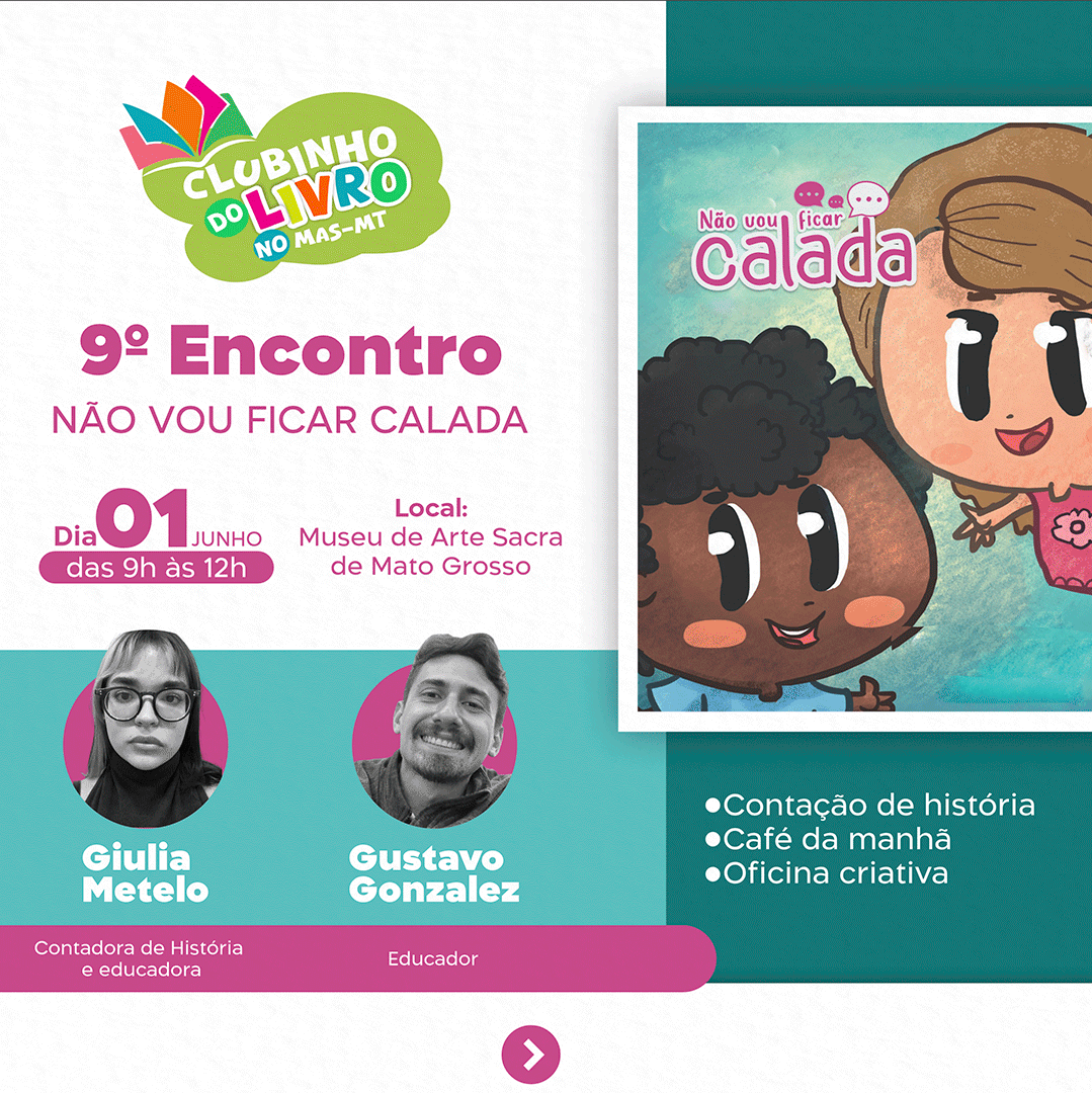 artesacramt's tweet photo. Atenção, amantes da leitura!

Prepare-se para o 9º Encontro do Clubinho do Livro no MAS-MT com o livro  “Não Vou Ficar Calada”!

Dia: 01 de junho de 2024.
Horário: 9h às 12h.
Local: Museu de Arte Sacra de Mato Grosso. https://t.co/H2rNJPRIhW
