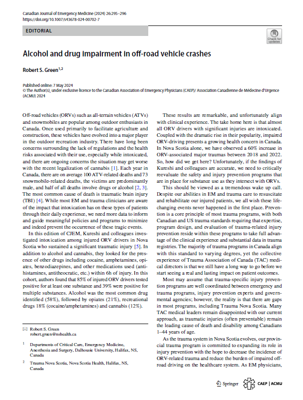 Off-road vehicles crashes often result in severe injuries, and are common in Nova Scotia (and everywhere else).  It's unfortunate and unacceptable that they are usually due to alcohol/drug use/risky behaviour.
Time to address this. <a href="/CJEMonline/">CJEM</a> <a href="/CBCNS/">CBC Nova Scotia</a>
