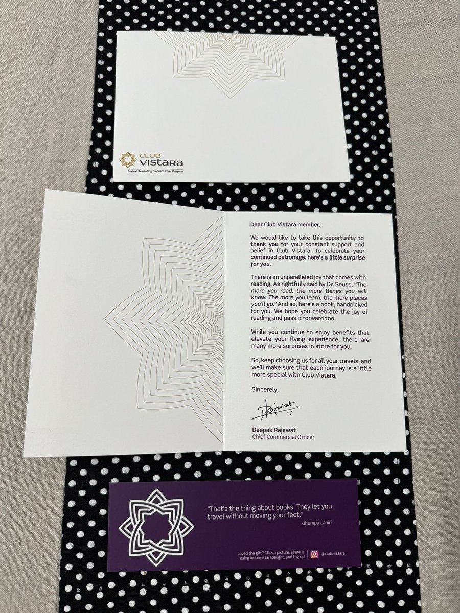 RahulGaur's tweet photo. What a beautiful surprise gift from @airvistara - I’m elated at this lovely gesture of gratitude in the form of a #book &amp; a thank you card! Thank you! ❤️ ✈️ 📕 

No wonder #vistara is one of my favourite airlines with an unparalleled #clubvistaradelight. 

#cx #loyalty #reading https://t.co/Zeh3t3x7KA